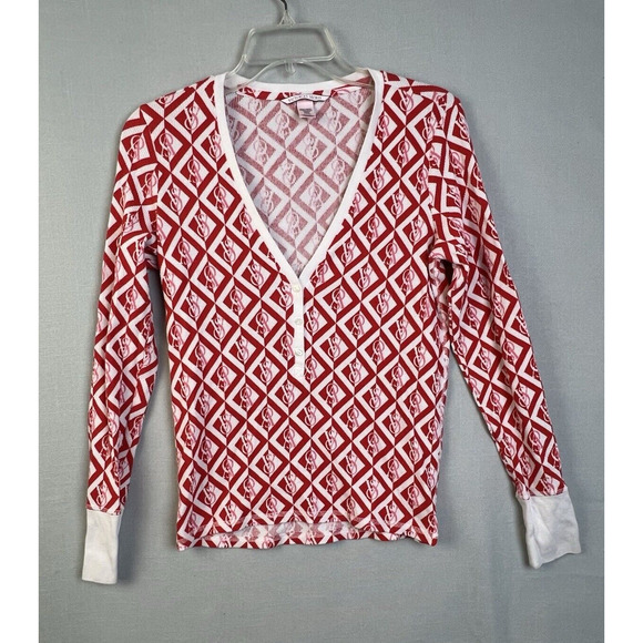 Victoria's Secret Thermal Weave Top Women's Small Red Cream Lounge Comfy Warm - Picture 1 of 9